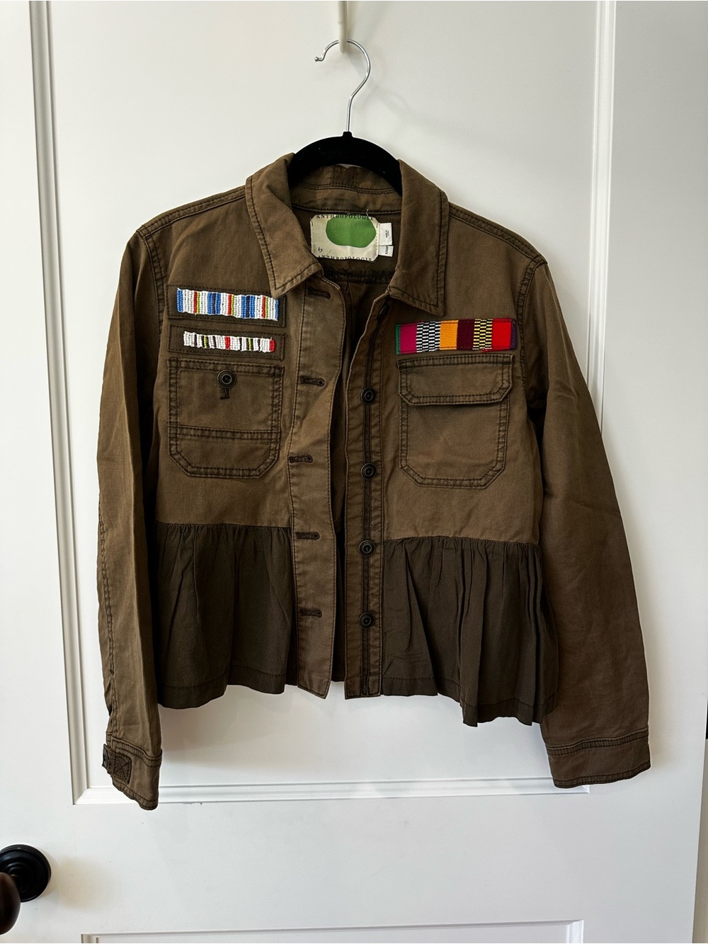 Anthropologie Brown/Green Patchwork Utility Jacket w/ Colorful Accents & Peplum